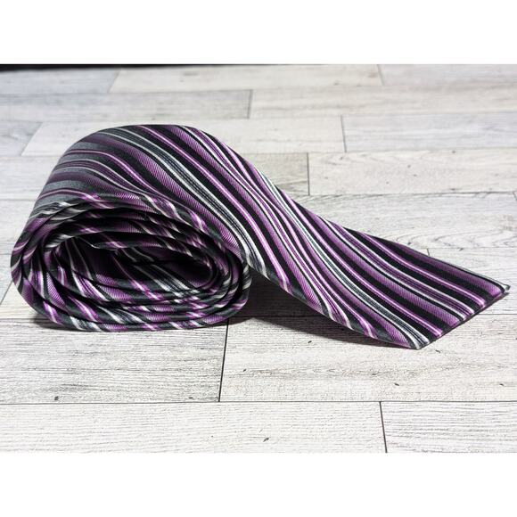 Geoffrey Beene Multicolor Purple And Black Diagonal Striped Silk Tie - 60" X 3" - Picture 2 of 6